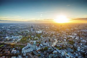 Aerial view across Western part of London, UK an sunset.