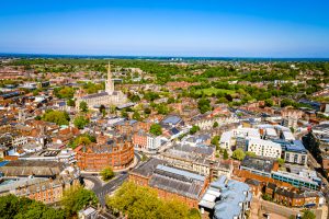 Aerial view of Norwich Cathedral located in Norwich, Norfolk, UK