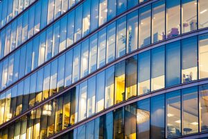 Windows of Skyscraper Business Office, Corporate building in London City, England, UK